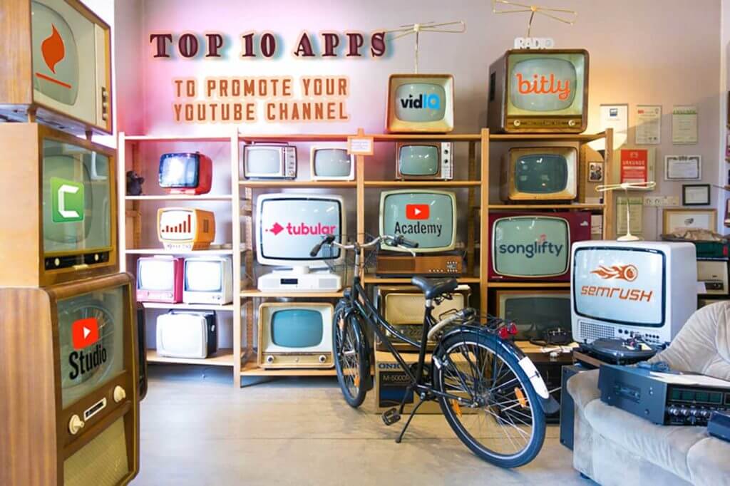 shelf-with-tvs-showing-apps-to-promote-youtube-channel